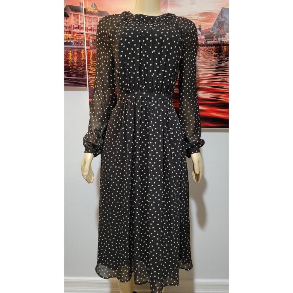 Boden Women's Black Polka Dot Crewneck Chiffon Pleated Lined Dress Size 6R #C - Picture 6 of 9